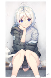 Rule 34 | .live, 1girl, antenna hair, between legs, blue eyes, cat, commentary request, english text, feet out of frame, grey background, grey sweater, hand between legs, head rest, highres, hood, hood down, hoodie, knees together feet apart, looking at viewer, nijihashi sora, off shoulder, signature, silver hair, dennou shoujo siro, sitting, smile, socks, solo, sweater, virtual youtuber, white cat, white socks