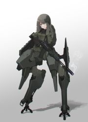Rule 34 | 1girl, absurdres, assault rifle, backpack, bag, brown hair, chromatic aberration, commentary request, digitigrade, eyes visible through hair, fingerless gloves, full body, gloves, gradient background, green eyes, green jacket, grey background, gun, highres, jacket, looking at viewer, mecha musume, mechanical legs, oota youjo, original, rifle, shadow, smoke, smoking gun, solo, standing, suppressor, trigger discipline, weapon, weapon request