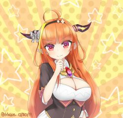 Rule 34 | 1girl, ahoge, blunt bangs, bow, breasts, bright pupils, brooch, cleavage, cleavage cutout, closed mouth, clothing cutout, collared shirt, dated, diagonal-striped bow, fang, fang out, hairband, hand on own chin, highres, hololive, horns, jacket, jewelry, kiryu coco, kiryu coco (1st costume), klaius, large breasts, long hair, looking at viewer, orange hair, pointy ears, red eyes, shirt, skin fang, smile, solo, virtual youtuber, white pupils, wing collar
