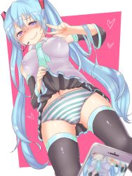 Rule 34 | 1girl, bare shoulders, black skirt, blue eyes, blue hair, blush, bow, bow panties, breasts, cellphone, closed mouth, clothes lift, collared shirt, covered erect nipples, detached sleeves, embarrassed, fingernails, flashing, from below, gluteal fold, green necktie, grey shirt, hair ornament, hatsune miku, headphones, heart, highres, kusoyuridanchi, large breasts, long hair, looking at viewer, medium breasts, navel, necktie, nose blush, panties, pantyshot, phone, pink bow, pleated skirt, pulling own clothes, shirt, skirt, skirt hold, skirt lift, sleeveless, sleeveless shirt, smartphone, smile, solo, striped clothes, striped panties, sweat, taking picture, thighhighs, twintails, underwear, very long hair, vocaloid, w, wavy mouth, wing collar