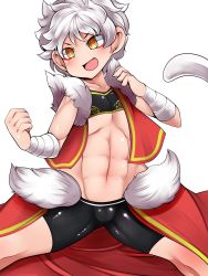 Rule 34 | 1girl, abs, bike shorts, brown eyes, cameltoe, clenched hand, doku corne, female focus, fighting stance, flat chest, highres, midriff, monkey girl, monkey tail, muscular, navel, short hair, silver hair, simple background, solo, tail, white background