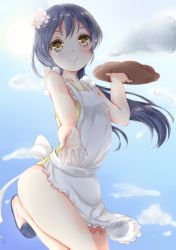 Rule 34 | 10s, 1girl, alternate hairstyle, apron, day, flower, flower on head, from side, funyariko, hair flower, hair ornament, long hair, looking at viewer, love live!, love live! school idol project, no socks, one-piece swimsuit, outstretched arm, reaching, sky, smile, solo, sonoda umi, standing, standing on one leg, swimsuit, swimsuit under clothes, thighs, waitress, yellow eyes, yellow one-piece swimsuit