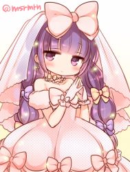Rule 34 | 1girl, bad id, bad pixiv id, bare shoulders, blunt bangs, blush, bow, breasts, bridal veil, closed mouth, collarbone, dress, earrings, gloves, gradient background, hair bow, jewelry, long hair, looking at viewer, low twintails, mashiro miru, necklace, patchouli knowledge, pearl necklace, pink bow, pink dress, pink gloves, polka dot, polka dot dress, polka dot gloves, purple bow, purple eyes, purple hair, see-through, sidelocks, small breasts, smile, solo, steepled fingers, strapless, strapless dress, touhou, twintails, twitter username, veil, very long hair, wedding dress, white background, yellow background, yellow bow