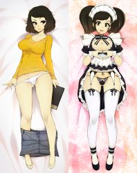 Rule 34 | 10s, 1girl, bad id, bad tumblr id, black hair, breasts, brown eyes, cleavage, commentary, dakimakura (medium), dual persona, english commentary, garter straps, gluteal fold, heart, heart hands, highres, kawakami sadayo, large breasts, looking at viewer, lying, maid, maid headdress, messy hair, multiple views, on back, open mouth, panties, persona, persona 5, shirt, short hair, skirt, skirt around one leg, slugbox, smile, striped clothes, striped shirt, thighhighs, twintails, underwear, white panties, white thighhighs