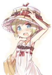 Rule 34 | 1girl, 7010, :d, arm up, blue eyes, blush, dress, elf, green hair, hand on headwear, hat, looking at viewer, open mouth, pointy ears, short hair, sketch, smile, solo, sundress, sweat, white background