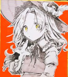 Rule 34 | 1girl, blonde hair, collared shirt, commentary request, cross, fedora, frilled hat, frilled shirt collar, frills, graphite (medium), hat, hat feather, holding, holding cross, jacket girl (dipp), juliet sleeves, limited palette, long sleeves, orange background, parted bangs, photo (medium), puffy sleeves, ribbon, shirt, simple background, skirt, touhou, traditional media, upper body, vest, wadante, wavy hair, white shirt, yellow eyes