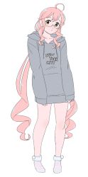 Rule 34 | 1girl, ahoge, alternate costume, clothes writing, double bun, full body, glasses, grey sweater, kantai collection, makigumo (kancolle), ojipon, pink hair, simple background, sleeves past wrists, socks, solo, standing, sweater, twintails, wavy hair, white background, yellow eyes