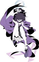 Rule 34 | 1other, androgynous, arm up, black shirt, chinese commentary, coat, collarbone, commentary request, frilled hat, frilled shorts, frills, grey shorts, grey socks, hat, highres, invisible chair, len&#039;en, ling s, open clothes, open coat, other focus, purple coat, purple eyes, purple footwear, purple hair, purple hat, shirt, shitodo kuroji, shorts, sitting, sketch, socks, solo