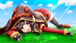 Rule 34 | 10s, 1girl, ass, belt, black thighhighs, blush, boots, brown hair, cape, chukachuka, dress, fingerless gloves, gloves, grass, hat, highres, kono subarashii sekai ni shukufuku wo!, looking at viewer, megumin, open mouth, outdoors, red eyes, shiny clothes, shiny skin, short hair with long locks, single thighhigh, smile, solo, thighhighs, top-down bottom-up, witch hat