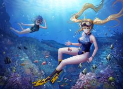 Rule 34 | 2girls, air bubble, barefoot, blonde hair, blue hair, blue one-piece swimsuit, braid, breasts, bubble, competition swimsuit, coral, coral reef, diving mask, fish, flippers, freediving, full body, goggles, goggles on head, green eyes, highres, holding breath, large breasts, last origin, light rays, long hair, multiple girls, nereid (last origin), one-piece swimsuit, poper (arin sel), smile, submerged, swimming, swimsuit, triaina, twin braids, twintails, underwater, very long hair