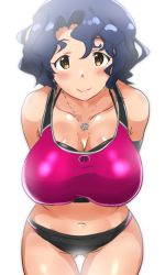 Rule 34 | 1girl, arms behind back, bare shoulders, black panties, blue hair, blush, bra, breasts, brown eyes, cleavage, closed mouth, collarbone, gluteal fold, highres, idolmaster, idolmaster million live!, jewelry, large breasts, leaning forward, looking at viewer, m mance, navel, necklace, panties, pink bra, short hair, simple background, smile, solo, sports bra, toyokawa fuka, underwear, wavy hair, white background