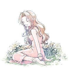 Rule 34 | 1girl, arm behind back, bangle, bare shoulders, barefoot, bracelet, breasts, brown hair, choker, closed eyes, dress, final fantasy, final fantasy vii, final fantasy vii rebirth, final fantasy vii remake, flower, flower bed, full body, jewelry, kneeling, lily (flower), long dress, long hair, medium breasts, michibata 65, open mouth, parted bangs, pink dress, ribbon choker, sidelocks, smile, solo, wavy hair, white background, yellow flower