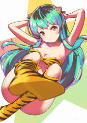 Rule 34 | 1girl, absurdres, animal print, arms behind head, arms up, bikini, blue hair, blurry, blurry foreground, breasts, cleavage, closed mouth, cone horns, floating, foot up, highres, horns, itou kazuki, long hair, lum, oni, print bikini, print footwear, sidelocks, small breasts, smile, solo, star (symbol), star print, strapless, strapless bikini, swimsuit, tiger print, underboob, urusei yatsura, yellow bikini, yellow eyes