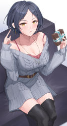 Rule 34 | 1girl, bare shoulders, black footwear, black hair, blush, box, box of chocolates, bra, breasts, cleavage, closed mouth, commentary request, dress, earrings, grey sweater, hands up, hayami kanade, highres, idolmaster, idolmaster cinderella girls, indoors, jewelry, large breasts, long sleeves, looking at viewer, necklace, off shoulder, red bra, short hair, shougun (chuckni1), sitting, smile, solo, sweater, sweater dress, thighhighs, underwear, yellow eyes