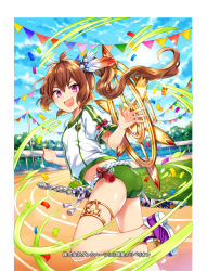 Rule 34 | 1girl, blue sky, brown hair, buruma, day, fang, feather hair ornament, flag, from behind, gym shirt, gym uniform, hair ornament, hoshi no rebellion, long hair, looking at viewer, looking back, official art, open mouth, outdoors, ponytail, red eyes, ririkuto, running track, shirt, sky, sword, thighlet, weapon