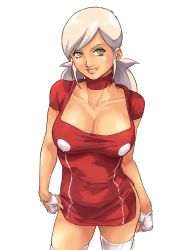 Rule 34 | 1girl, breasts, cleavage, gloves, green eyes, grimm&#039;s fairy tales, highres, large breasts, little red riding hood, little red riding hood (grimm), little red riding hoods zombie bbq, red theme, santi casas, smile, solo, standing, thighs, white hair