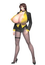 Rule 34 | 1girl, areola slip, black pantyhose, breasts, brown hair, choker, cleavage, collar, full body, gigantic breasts, high heels, highres, lipstick, makeup, miniskirt, mole, mole on breast, no bra, pantyhose, red eyes, simple background, skirt, solo, tagme, takahashi record, thigh strap, white background
