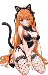 Rule 34 | 1girl, animal ears, black bow, black footwear, bow, breasts, cat ears, cat tail, cleavage, closed mouth, fake animal ears, fishnet thighhighs, fishnets, frown, full body, high heels, highres, large breasts, long hair, moya (toatomoot), orange eyes, orange hair, original, pout, simple background, sitting, solo, tail, thighhighs, very long hair, white background