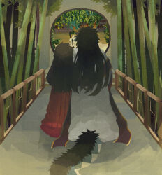 Rule 34 | 1boy, 1other, bamboo, black hair, dragon boy, dragon horns, dragon tail, fence, from behind, full body, furry, furry male, fuxi (housamo), highres, horns, long hair, mamaito, red robe, robe, tail, tokyo houkago summoners