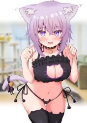 Rule 34 | :3, :d, absurdres, ahoge, animal collar, animal ear fluff, animal ears, bare arms, bare shoulders, bell, black bra, black collar, black panties, black ribbon, black thighhighs, blurry, blurry background, blush, bra, breasts, cameltoe, cat cutout, cat ear legwear, cat ear panties, cat ears, cat girl, cat lingerie, cat tail, cleavage, cleavage cutout, clothing cutout, collar, cowboy shot, eyelashes, fang, frilled bra, frills, hair between eyes, hands up, highres, hololive, indoors, jingle bell, large breasts, leaning forward, looking at viewer, medium hair, meme attire, midriff, navel, nekomata okayu, open mouth, panties, paw pose, purple eyes, purple hair, ribbon, side-tie panties, smile, standing, tail, tail bell, tail ornament, tail ribbon, thigh gap, thighhighs, underwear, virtual youtuber