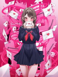 Rule 34 | 1girl, absurdres, bandaid, blush, braid, brown hair, commentary, covering own mouth, envelope, hair ornament, hairclip, heart, heart in eye, highres, holding, holding envelope, letter, long hair, long sleeves, looking at viewer, love letter, original, pleated skirt, red eyes, school uniform, serafuku, skirt, solo, symbol-only commentary, symbol in eye, twin braids, wanko (yurika0320)