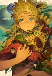Rule 34 | 1boy, 9twoeight, blonde hair, blue eyes, car, closed mouth, flower, frog, highres, lucas (mother 3), male focus, mother (game), mother 3, motor vehicle, nintendo, shirt, short hair, short sleeves, solo, striped clothes, striped shirt, sunflower, upper body