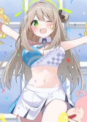 Rule 34 | absurdres, blue archive, blush, breasts, brown hair, cheerleader, cleavage, confetti, cowboy shot, crop top, gloves, green eyes, hair rings, halo, highres, holding, holding pom poms, hoshino (blue archive), large breasts, long hair, midriff, millennium cheerleader outfit (blue archive), miniskirt, mizumok1, navel, nonomi (blue archive), one eye closed, one side up, outstretched arms, pom pom (cheerleading), pom poms, skirt, star on cheek