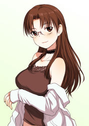 Rule 34 | 1girl, black choker, black shirt, braid, breast hold, breasts, brown eyes, brown hair, camisole, choker, closed mouth, commentary, glasses, green background, hoshina tomoko, lace, lace-trimmed choker, lace-trimmed shirt, lace trim, large breasts, long hair, long sleeves, looking at viewer, medium breasts, off shoulder, parted bangs, sakaki imasato, shirt, single braid, smile, solo, to heart, to heart (series), upper body, white shirt