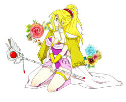 Rule 34 | 1990s (style), 1girl, blonde hair, breasts, cape, cleavage, detached sleeves, earrings, female focus, final fantasy, final fantasy iv, full body, green eyes, hair ornament, jewelry, leotard, long hair, polearm, rosa farrell, shoulder pads, solo, staff, thighhighs, tiara, u-duki, weapon, white background