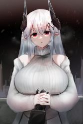 Rule 34 | 1girl, absurdres, alternate costume, arknights, black gloves, breasts, breath, cold, detached sleeves, gloves, highres, holding hands, horns, large breasts, light particles, long hair, long sleeves, looking at viewer, mudrock (arknights), night, night sky, own hands together, parted lips, pointy ears, pov, puffy long sleeves, puffy sleeves, red eyes, sidelocks, silver hair, sky, solo, sweater, twitter username, upper body, very long hair, wawamachi (wawamachis), white sweater