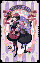 Rule 34 | 2girls, ace attorney, ascot, axi song, back-to-back, backpack, bag, black eyes, black footwear, black hair, blouse, boots, character doll, character name, closed eyes, closed mouth, dress, drill hair, flower, full body, gloves, goggles, goggles on head, hair rings, hat, highres, holding, iris wilson, long hair, multiple girls, official alternate costume, pantyhose, pink hair, shirt, shoes, short hair, smile, standing, stuffed animal, stuffed toy, susato mikotoba, the great ace attorney, twintails, white ascot, white shirt