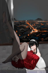 Rule 34 | 1girl, absurdres, black hair, black pantyhose, breasts, dress, hairband, highres, indoors, legs up, lilin (pixiv 25958194), looking at viewer, lying, medium breasts, on back, pantyhose, red dress, red eyes, single bare shoulder, spy x family, white hairband, yor briar
