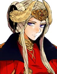 Rule 34 | 1girl, blonde hair, blue eyes, cape, crown, edelgard von hresvelg, fire emblem, fire emblem: three houses, hair ornament, horns, illustorte905, jewelry, long hair, looking at viewer, nintendo, aged up, red cape, simple background