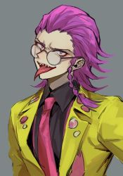 Rule 34 | 1boy, bespectacled, black shirt, braid, collared shirt, commentary request, danganronpa (series), danganronpa 2: goodbye despair, formal, glasses, grey background, hair slicked back, highres, jacket, looking at viewer, male focus, nanin, necktie, official alternate costume, open mouth, pink eyes, pink hair, pink necktie, round eyewear, sharp teeth, shirt, short hair, simple background, single braid, smile, solo, soda kazuichi, teeth, tongue, tongue out, upper body, yellow jacket