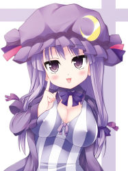 Rule 34 | 1girl, :p, blush, breasts, cleavage, crescent, covered erect nipples, female focus, finger to face, hat, highres, large breasts, looking at viewer, patchouli knowledge, purple eyes, purple hair, smile, solo, tongue, tongue out, touhou, uhyo (uhyoahya)