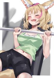 Rule 34 | 1girl, animal ears, barbell, bike shorts, black hair, blonde hair, breasts, casual, cleavage, exercising, closed eyes, fox ears, fox tail, hololive, long hair, midriff, multicolored hair, navel, omaru polka, open mouth, pink hair, ponytail, solo, streaked hair, sweat, tail, tank top, tsushi, virtual youtuber