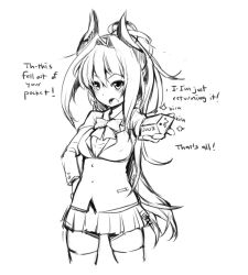 Rule 34 | 1girl, borrowed character, breasts, commentary, english text, ge-b, gold bar, greyscale, hair intakes, hand on own hip, horns, long hair, medium breasts, miniskirt, monochrome, original, outstretched hand, school uniform, skirt, solo, text focus, thighhighs, tsundere, tsunoko, zettai ryouiki