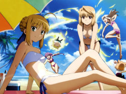 Rule 34 | 00s, 6+girls, absurdres, ahoge, animal ears, arcueid brunestud, artoria pendragon (all), artoria pendragon (fate), bandeau, bare shoulders, barefoot, beach, beach volleyball, bikini, blonde hair, braid, breasts, carnival phantasm, company connection, crossover, day, detexted, fate/stay night, fate (series), feet, female focus, green eyes, highres, illyasviel von einzbern, leaning forward, long hair, medium breasts, melty blood, morita kazuaki, multiple girls, neco-arc, neco-arc bubbles, official alternate costume, official art, outdoors, purple hair, red eyes, saber (fate), short hair, side-tie bikini bottom, sion eltnam atlasia, small breasts, smile, soles, swimsuit, tail, third-party edit, toes, tsukihime, white hair