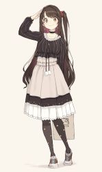 Rule 34 | 1girl, alternate costume, arm behind back, bag, black choker, black footwear, black hair, black legwear, blush, choker, cloba, collarbone, crop top, earrings, frilled skirt, frills, grey background, hair ornament, hair scrunchie, highres, holding, holding bag, idolmaster, idolmaster cinderella girls, jewelry, layered skirt, looking at viewer, necklace, nike (company), one side up, salute, scrunchie, shimamura uzuki, shirt, shoes, simple background, skirt, smile, sneakers, solo, sparkle print, star (symbol), star earrings, striped clothes, striped shirt, tote bag