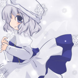 Rule 34 | 1girl, apron, blue eyes, dress, female focus, from side, futami yayoi, grey hair, hat, letty whiterock, long sleeves, profile, puffy long sleeves, puffy sleeves, short hair, smile, snow, snowflakes, snowing, solo, touhou