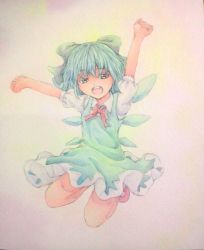 Rule 34 | 1girl, arms up, blue eyes, blue hair, bow, cirno, clenched hands, dress, hair bow, happy, highres, ice, ice wings, jumping, looking at viewer, matching hair/eyes, neck ribbon, open mouth, painting (medium), pink background, puffy short sleeves, puffy sleeves, ribbon, short hair, short sleeves, solo, touhou, traditional media, watercolor (medium), wings, yuyu (00365676)