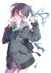 Rule 34 | 1girl, :d, backpack, badge, bag, belt buckle, black jacket, blush, brown eyes, brown hair, buckle, candy, collared shirt, commentary request, cowboy shot, drawstring, floating hair, food, green necktie, hair between eyes, hands up, highres, hood, hood down, hooded jacket, idolmaster, idolmaster cinderella girls, jacket, lollipop, long hair, long sleeves, looking at viewer, mask, mask pull, miniskirt, mole, mole under eye, mouth mask, necktie, open mouth, pleated skirt, pulp piroshi, sharp teeth, shirt, sidelocks, simple background, skirt, sleeves past wrists, smile, solo, standing, striped necktie, striped neckwear, stuffed animal, stuffed shark, stuffed toy, sunazuka akira, surgical mask, teeth, twintails, white background, white shirt, zipper pull tab