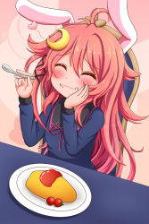Rule 34 | 10s, 1girl, :3, ^ ^, ahoge, animal ears, bad id, bad pixiv id, blush, chair, cherry tomato, closed eyes, closed mouth, commentary request, crescent, crescent hair ornament, eating, fake animal ears, food, food on face, foodgasm, hair ornament, heart, highres, kantai collection, ketchup, long hair, long sleeves, omelet, omurice, plate, rabbit ears, school uniform, serafuku, sills, sitting, solo, spoon, tomato, uzuki (kancolle)