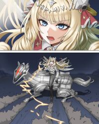 1girl akira_(manga) akira_slide blonde_hair blue_eyes crown_(nikke) goddess_of_victory:_nikke hair_ornament highres horse long_hair non-humanoid_robot nonotumori open_mouth parody robot skid_mark