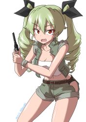 Rule 34 | 1girl, 2023, absurdres, anchovy (girls und panzer), artist request, black panties, black ribbon, breasts, cleavage, clothing cutout, cosplay, dated, drill hair, fio germi, fio germi (cosplay), girls und panzer, green hair, gun, hair ribbon, highres, holding, holding gun, holding weapon, long hair, long sleeves, looking at viewer, medium breasts, metal slug, open mouth, panties, red eyes, ribbon, shiny skin, shirt, shorts, side cutout, simple background, solo, standing, twin drills, twintails, underwear, very long hair, weapon, white background, white shirt, wide hips