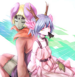 Rule 34 | 10s, antlers, aurore (control), bare shoulders, blonde hair, blue hair, bob cut, c (control), choker, dress, empire waist, flower, hair flower, hair ornament, head wings, horns, inaba-no-kuni-tottori, midas money, mouth hold, necktie, pale skin, pointy ears, q (control), red eyes, short hair, thighhighs, wings