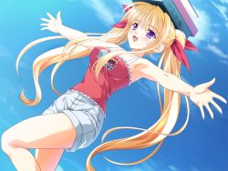 Rule 34 | 1girl, blonde hair, book, braid, day, dutch angle, game cg, hair ribbon, nagisano, outstretched arms, purple eyes, ribbon, shorts, sky, solo, spread arms, twintails, yagyuu aoi