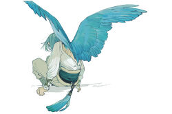 Rule 34 | 1boy, armlet, arms at sides, backless outfit, backless shirt, bird boy, blue hair, blue theme, blue wings, commentary request, ear piercing, facing away, facing down, fake tail, feathered wings, from behind, grey pants, highres, long sleeves, male focus, natsu (rodysanp), pants, personification, piercing, sash, shirt, short hair, simple background, sitting, solo, spread wings, tail, tassel, twitter, twitter bird, twitter username, white background, white shirt, wings
