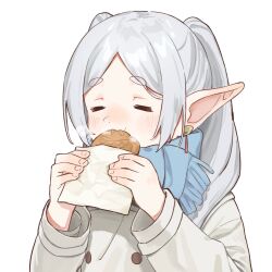 Rule 34 | 1girl, :t, = =, bag, biting, blush, buttons, closed eyes, coat, commentary request, double-breasted, earrings, eating, elf, facing viewer, food, food in mouth, frieren, grey coat, grey hair, hair over shoulder, hands up, happy, highres, holding, holding food, jewelry, long hair, long sleeves, nem rui, paper bag, parted bangs, pointy ears, simple background, solo, sousou no frieren, steam, taiyaki, twintails, wagashi, white background, winter clothes