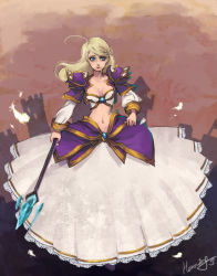 Rule 34 | blonde hair, blue eyes, breasts, cleavage, dress, feathers, frills, jacket, jaina proudmoore, long hair, midriff, nal (nal&#039;s pudding), navel, staff, warcraft, world of warcraft